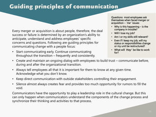 111
Every merger or acquisition is about people, therefore, the deal
success or failure is determined by an organization’s ability to
anticipate, understand and address employees’ specific
concerns and questions. Following are guiding principles for
communicating change with a people focus:
• Start communicating early. Continue communicating
throughout the transition – frequently and consistently.
Guiding principles of communication
Questions most employees ask
themselves when faced merger or
acquisition – ‘me’ issues:
• Why is this happening – is the
company in trouble?
• Will I lose my job?
• Am I or my skills still relevant?
• Even if I keep my job, will my
status or responsibilities change
or my unit be restructured?
• What will ‘they’ be like to work
for?
• Create and maintain an ongoing dialog with employees to build trust – communicate before,
during and after the organizational transition.
• Always tell employees all that it is important for them to know at any given time.
Acknowledge what you don’t know.
• Keep direct communication with outside stakeholders controlling their engagement.
• Silence almost always creates fear and provides too much opportunity for rumors to fill the
void.
Communicators have the opportunity to play a leadership role in the cultural change. But this
can only happen when communicators understand the components of the change process and
synchronize their thinking and activities to that process.
 