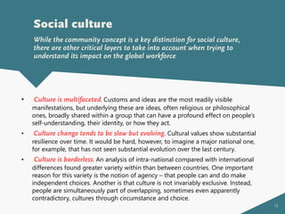 14
Social culture
While the community concept is a key distinction for social culture,
there are other critical layers to take into account when trying to
understand its impact on the global workforce
• Culture is multifaceted. Customs and ideas are the most readily visible
manifestations, but underlying these are ideas, often religious or philosophical
ones, broadly shared within a group that can have a profound effect on people’s
self-understanding, their identity, or how they act.
• Culture change tends to be slow but evolving. Cultural values show substantial
resilience over time. It would be hard, however, to imagine a major national one,
for example, that has not seen substantial evolution over the last century.
• Culture is borderless. An analysis of intra-national compared with international
differences found greater variety within than between countries. One important
reason for this variety is the notion of agency – that people can and do make
independent choices. Another is that culture is not invariably exclusive. Instead,
people are simultaneously part of overlapping, sometimes even apparently
contradictory, cultures through circumstance and choice.
 