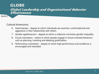 30
Cultural dimensions:
6. Assertiveness - degree to which individuals are assertive, confrontational and
aggressive in their relationship with others.
7. Gender egalitarianism - degree to which a collective minimizes gender inequality.
8. Future orientation - extent to which people engage in future-oriented behaviors
such as planning, investing and delaying gratification.
9. Performance orientation - degree to which high performance and excellence is
encouraged and rewarded.
GLOBE
Global Leadership and Organizational Behavior
Effectiveness
House et al. (2004, 2007)
(cont.)
 