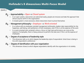 69
D5 - Approachability – Open vs Closed system
• In an open system, newcomers are welcomed easily, people are inclusive and take the approach that
almost anyone will fit in the organization
• A closed system is more exclusive, where newcomers have to prove themselves
D6 - Management philosophy – Employee- vs Work-oriented
• In a culture with an employee-oriented management philosophy, leaders take responsibility for the
happiness, well-being, and satisfaction of their employees, even if this is at the expense of the work
• In a work-oriented (job-centered) culture, a focus on high task performance can come at the
expense of employees, there is heavy pressure to perform the task even if this is at the expense of
employees
D7 - Degree of acceptance of leadership style
• This dimension tells us to which degree the leadership style of respondents’ direct boss is being in
line with respondents’ preferences
D8 - Degree of identification with your organization
• This dimension shows to which degree respondents identify with the organization in its totality
Hofstede’s 8 dimensions Multi-Focus Model
(cont.)
 