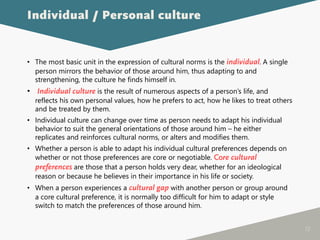 72
• The most basic unit in the expression of cultural norms is the individual. A single
person mirrors the behavior of those around him, thus adapting to and
strengthening, the culture he finds himself in.
• Individual culture is the result of numerous aspects of a person’s life, and
reflects his own personal values, how he prefers to act, how he likes to treat others
and be treated by them.
• Individual culture can change over time as person needs to adapt his individual
behavior to suit the general orientations of those around him – he either
replicates and reinforces cultural norms, or alters and modifies them.
• Whether a person is able to adapt his individual cultural preferences depends on
whether or not those preferences are core or negotiable. Core cultural
preferences are those that a person holds very dear, whether for an ideological
reason or because he believes in their importance in his life or society.
• When a person experiences a cultural gap with another person or group around
a core cultural preference, it is normally too difficult for him to adapt or style
switch to match the preferences of those around him.
Individual / Personal culture
 