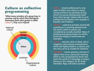 8
Culture as collective
programming
• Values - broad preferences for one
state of affairs over others to which
strong emotions are attached and by
which one group distinguishes itself
from other groups. Values refer to such
preferences as freedom over equality or
equality over freedom.
• Rituals - collective activities, technically
superfluous in reaching desired ends,
but which, within a culture, are
considered as socially essential. Ways of
greeting and paying respect to others,
social and religious ceremonies are
examples.
• Heroes - persons, alive or dead, real or
imaginary, who possess characteristics
which are highly prized in a culture, and
who thus serve as models for behavior.
• Symbols - words, gestures, pictures or
objects that carry a particular meaning
which is only recognized by those who
share the words in a language or jargon
belong to this category, as do dress,
hairstyles, flags, and status symbols.
Values
Heroes
Rituals
Symbols
practices
Organizational
culture
National
culture
“What many members of a group have in
common and by which they distinguish
themselves from other groups is called
culture” / Prof. Geert Hofstede
 
