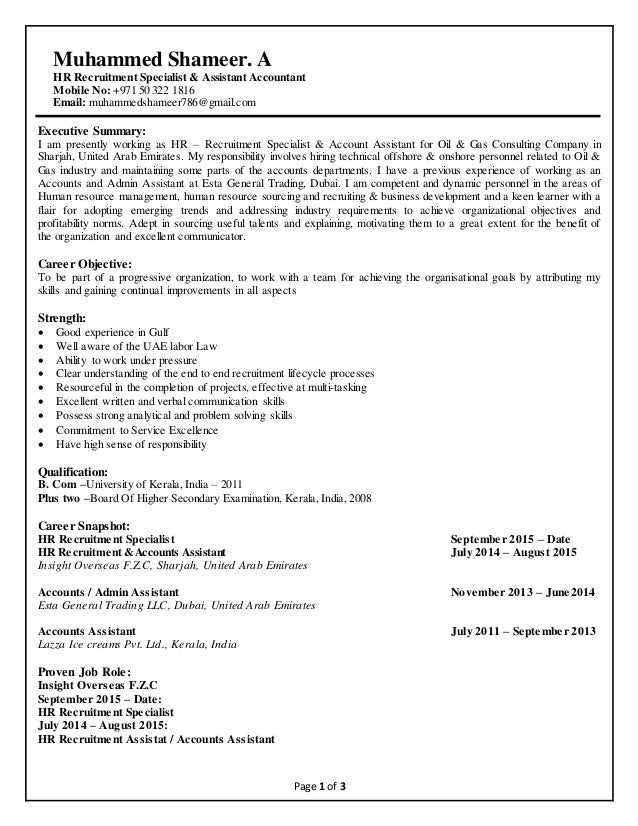 muhammed shameer cv hr recruitment assistant accountant recruitment cv