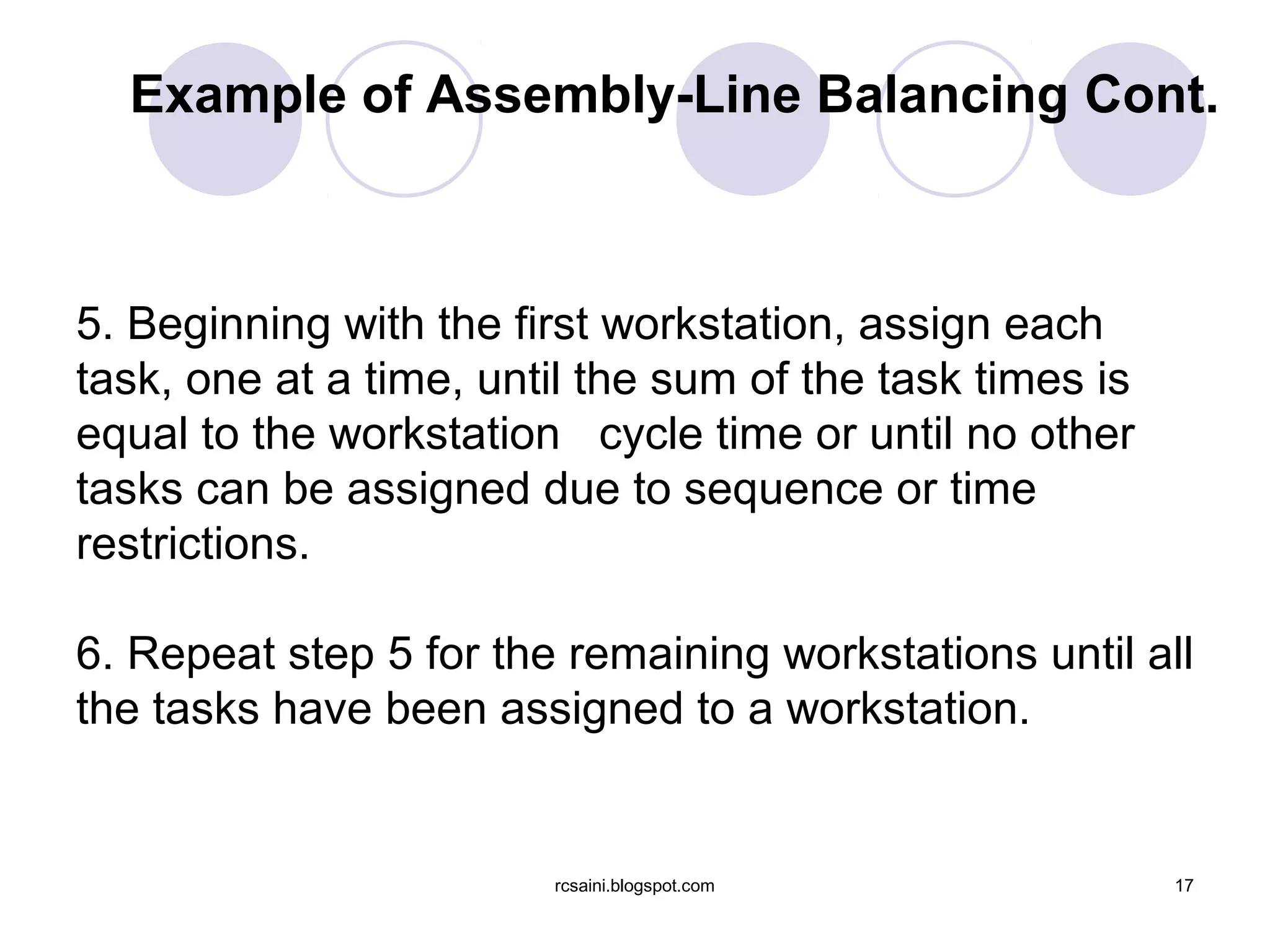 Example of Assembly-Line Balancing Cont.



5. Beginning with the first workstation, assign each
task, one at a time, until the sum of the task times is
equal to the workstation cycle time or until no other
tasks can be assigned due to sequence or time
restrictions.

6. Repeat step 5 for the remaining workstations until all
the tasks have been assigned to a workstation.


                        rcsaini.blogspot.com              17
 