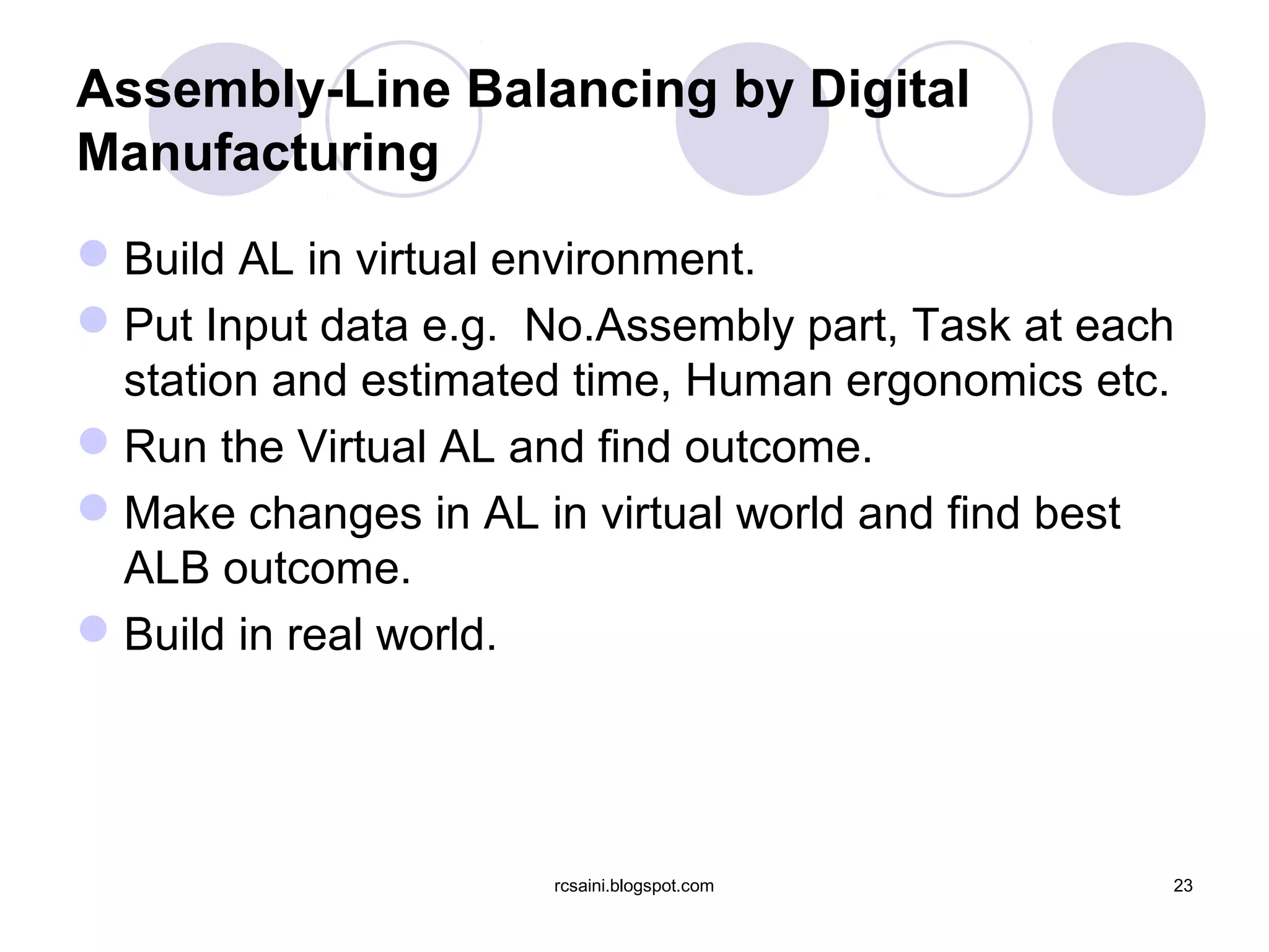 Assembly-Line Balancing by Digital
Manufacturing
 Build AL in virtual environment.
 Put Input data e.g. No.Assembly part, Task at each
  station and estimated time, Human ergonomics etc.
 Run the Virtual AL and find outcome.
 Make changes in AL in virtual world and find best
  ALB outcome.
 Build in real world.




                      rcsaini.blogspot.com         23
 