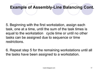 Example of Assembly-Line Balancing Cont.



5. Beginning with the first workstation, assign each
task, one at a time, until the sum of the task times is
equal to the workstation cycle time or until no other
tasks can be assigned due to sequence or time
restrictions.

6. Repeat step 5 for the remaining workstations until all
the tasks have been assigned to a workstation.


                        rcsaini.blogspot.com              17
 