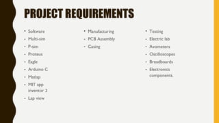 PROJECT REQUIREMENTS
• Software
- Multi-sim
- P-sim
- Proteus
- Eagle
- Arduino C
- Matlap
- MIT app
inventor 2
- Lap view
• Manufacturing
- PCB Assembly
- Casing
• Testing
- Electric lab
- Avometers
- Oscilloscopes
- Breadboards
- Electronics
components.
 