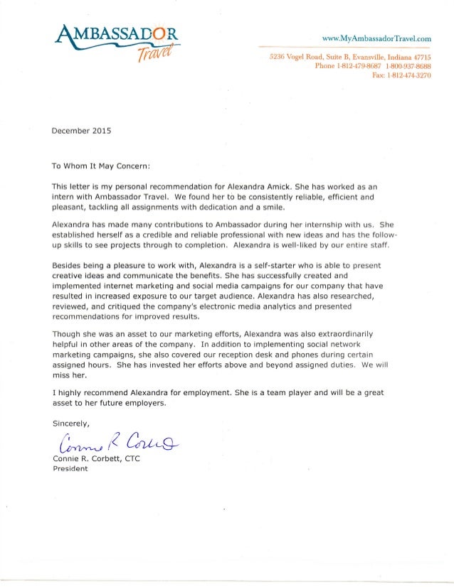 ambassador recommendation letter from