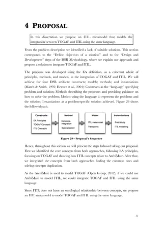 77
4 PROPOSAL
In this dissertation we propose an ITIL metamodel that models the
integration between TOGAF and ITIL using the same language.
From the problem description we identified a lack of suitable solutions. This section
corresponds to the “Define objectives of a solution” and to the “Design and
Development” steps of the DSR Methodology, where we explain our approach and
propose a solution to integrate TOGAF and ITIL.
The proposal was developed using the EA definition, as a coherent whole of
principles, methods, and models, in the integration of TOGAF and ITIL. We will
achieve the four DSR artifacts: constructs; models; methods; and instantiations
(March & Smith, 1995; Hevner et al., 2004): Constructs as the “language” specifying
problem and solution; Methods describing the processes and providing guidance on
how to solve the problem; Models using the language to represent the problems and
the solution; Instantiations as a problem-specific solution achieved. Figure 29 shows
the followed path.
Figure 29 – Proposal’s Sequence
Hence, throughout this section we will present the steps followed along our proposal.
First we identified the core concepts from both approaches, following EA principles,
focusing on TOGAF and showing how ITIL concepts relate to ArchiMate. After that,
we integrated the concepts from both approaches finding the common ones and
solving concepts duplication.
As the ArchiMate is used to model TOGAF (Open Group, 2012), if we could use
ArchiMate to model ITIL, we could integrate TOGAF and ITIL using the same
language.
Since ITIL does not have an ontological relationship between concepts, we propose
an ITIL metamodel to model TOGAF and ITIL using the same language.
 