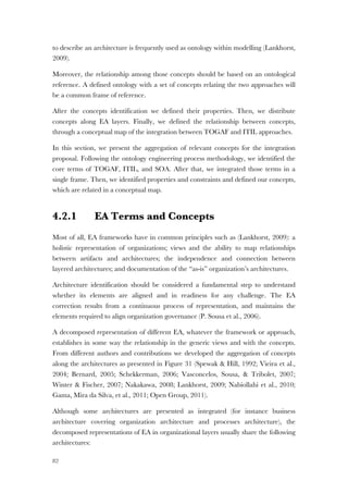 82
to describe an architecture is frequently used as ontology within modelling (Lankhorst,
2009).
Moreover, the relationship among those concepts should be based on an ontological
reference. A defined ontology with a set of concepts relating the two approaches will
be a common frame of reference.
After the concepts identification we defined their properties. Then, we distribute
concepts along EA layers. Finally, we defined the relationship between concepts,
through a conceptual map of the integration between TOGAF and ITIL approaches.
In this section, we present the aggregation of relevant concepts for the integration
proposal. Following the ontology engineering process methodology, we identified the
core terms of TOGAF, ITIL, and SOA. After that, we integrated those terms in a
single frame. Then, we identified properties and constraints and defined our concepts,
which are related in a conceptual map.
4.2.1 EA Terms and Concepts
Most of all, EA frameworks have in common principles such as (Lankhorst, 2009): a
holistic representation of organizations; views and the ability to map relationships
between artifacts and architectures; the independence and connection between
layered architectures; and documentation of the “as-is” organization’s architectures.
Architecture identification should be considered a fundamental step to understand
whether its elements are aligned and in readiness for any challenge. The EA
correction results from a continuous process of representation, and maintains the
elements required to align organization governance (P. Sousa et al., 2006).
A decomposed representation of different EA, whatever the framework or approach,
establishes in some way the relationship in the generic views and with the concepts.
From different authors and contributions we developed the aggregation of concepts
along the architectures as presented in Figure 31 (Spewak & Hill, 1992; Vieira et al.,
2004; Bernard, 2005; Schekkerman, 2006; Vasconcelos, Sousa, & Tribolet, 2007;
Winter & Fischer, 2007; Nakakawa, 2008; Lankhorst, 2009; Nabiollahi et al., 2010;
Gama, Mira da Silva, et al., 2011; Open Group, 2011).
Although some architectures are presented as integrated (for instance business
architecture covering organization architecture and processes architecture), the
decomposed representations of EA in organizational layers usually share the following
architectures:
 