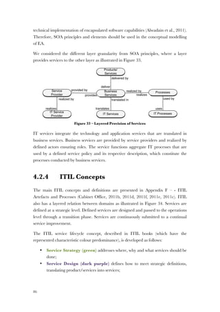 86
technical implementation of encapsulated software capabilities (Alwadain et al., 2011).
Therefore, SOA principles and elements should be used in the conceptual modelling
of EA.
We considered the different layer granularity from SOA principles, where a layer
provides services to the other layer as illustrated in Figure 33.
Figure 33 – Layered Provision of Services
IT services integrate the technology and application services that are translated in
business services. Business services are provided by service providers and realized by
defined actors ensuring roles. The service functions aggregate IT processes that are
used by a defined service policy and its respective description, which constitute the
processes conducted by business services.
4.2.4 ITIL Concepts
The main ITIL concepts and definitions are presented in Appendix F – - ITIL
Artefacts and Processes (Cabinet Office, 2011b, 2011d, 2011f, 2011e, 2011c). ITIL
also has a layered relation between domains as illustrated in Figure 34. Services are
defined at a strategic level. Defined services are designed and passed to the operations
level through a transition phase. Services are continuously submitted to a continual
service improvement.
The ITIL service lifecycle concept, described in ITIL books (which have the
represented characteristic colour predominance), is developed as follows:
• Service Strategy (green) addresses where, why and what services should be
done;
• Service Design (dark purple) defines how to meet strategic definitions,
translating product/services into services;
translated in
deliver
realizes usestranslates
realizes
realized by
provides
Products/
Services
delivered by
used by
Business
Services
IT Services IT Processes
ProcessesService
Provider
IT Service
Provider
provided by
realized by
 