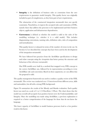181
• Integrity is the definition of business rules or constraints from the user
requirements to guarantee model integrity. This quality factor was originally
included as part of completeness, as they form part of user requirements.
The abstraction of the constructed integration metamodel does not specify
constraints. Nonetheless, it respects the accepted rules and constraints of ITIL,
namely those that address the processes to be implemented and their business
objects, application and infrastructure dependencies.
• Correctness is defined as whether the model is valid to the rules of the
modelling technique (i.e. whether it is a valid model). This includes
diagramming conventions, naming rules, definition rules, rules of composition
and normalisation.
This quality factor is evaluated in terms of the number of errors in the use. In
Section 4.2 we described the concepts that have been used in the development
of the integration metamodel.
We have followed best practices from the ArchiMate specifications to design
and relate concepts using the viewpoints that better portray the structure and
behaviour of the reference metamodel.
Our ITIL models were built by a method that mapped every ITIL concept to
the correct ArchiMate one, followed by its representation according to every
ArchiMate rule and convention. Based on these arguments, we can affirm that
the proposal is valid.
The quality management framework was used to conduct a quality review of the ITIL
metamodel. The review was conducted over 13 interviewed from different areas, skills
and nationalities, but all with a strong ITIL background.
Figure 94 summarises the results of the Moody and Shanks evaluation. Each quality
factor was rated on a scale of 1 to 5 (5=Excellent; 1=Poor). The chart shows that the
model was overall well accepted. Less positives factors were the Understandability and
Integrity. Once the modelling was made using ArchiMate, a previous explanation is
required to a better comprehension of the language for those that do not know the
language.
The lower capacity of ArchiMate to model business processes lead to a less positive
result in this factor.
 