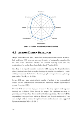 182
Figure 94 – Results of Moody and Shanks Evaluation
6.3 ACTION DESIGN RESEARCH
Design Science Research (DSR) emphasizes the importance of evaluation. However,
little work in the DSR arena has addressed the choice of strategies for evaluation. On
the other hand, evaluation activities and methods typically occur after the
construction of an artifact (Pries-Heje, Baskerville, & Venable, 2008).
Pries-Heje et al. expand evaluation choices for DSR arguing that designed artifacts
must be analysed as to their use and performance as possible explanations for change
and improvements in the behaviour of systems, people and organizations, e.g. through
case studies (Pries-Heje et al., 2008).
In fact, DSR pays scant attention in the shaping of artifacts by the organizational
context and the artefact’s value comes from the interaction with the organizational
context (Sein et al., 2011).
Current DSR is based on stage-gate models in that they separate and sequence
building and evaluation. Thus, they do not support the conditions necessary for
generating knowledge about the ensemble artifact through design. The use of a DSR
methodology leads to an initial prototype. However, the shaping of design principles
over multiple artifacts versions through intervention and evaluation is not supported
by this methodology (Sein et al., 2011).
 