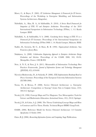 205
Moser, C., & Bayer, F. (2005). IT Architecture Management: A Framework for IT-Services.
Proceedings of the Workshop in Enterprise Modelling and Information
Systems Architectures. Klagenfurt.
Nabiollahi, A., Alias, R. A., & Sahibuddin, S. (2010). A Service Based Framework for
Integration of ITIL V3 and Enterprise Architecture. Proceedings of the 2010
International Symposium in Information Technology (ITSim), 1, 1-5. Kuala
Lumpur. IEEE
Nabiollahi, A., & Sahibuddin, S. b. (2008). Considering Service Strategy in ITIL V3 as a
Framework for IT Governance. Proceedings of the International Symposium on
Information Technology (ITSim 2008) 1, 1-6. Kuala Lumpur, Malaysia. IEEE
Nadler, D., Gerstein, M. C., & Shaw, R. B. (1992). Organizational Architecture. San
Francisco. Jossey-Bass.
Nakakawa, A. (2008). Collaboration Engineering Approach to Enterprise Architecture Design
Evaluation and Selection. Proceedings of the CAiSE 2008, 343, 85-94.
Montpellier, France. CEUR-WS
Neto, A. N. F., & Neto, J. S. (2011). Metamodels of Information Technology Best
Practices Frameworks. Journal of Information Systems and Technology Management
(JISTEM), 8(3), 619-640.
Nicewicz-Modrzewska, D., & Stolarski, P. (2008). ITIL Implementation Roadmap Based on
Process Governance. Proceedings of the European University Information Systems
(EUNIS 2008).
Noran, O., & Bernus, P. (2008). Service Oriented Architecture vs. Enterprise
Architecture: Competition or Synergy? Lecture Notes in Computer Science, 5333,
304-312. Springer
Novak, J. D. (1990). Concept Maps and Vee Diagrams: Two Metacognitive Tools for
Science and Mathematics Education. Instructional Science, 19(1), 29-52. Springer
Novak, J. D., & Cañas, A. J. (2008). The Theory Underlying Concept Maps and How
to Construct and Use Them. Florida. Technical Report IHMC CmapTools.
OASIS. (2006). Reference Model for Service Oriented Architecture 1.0 Committee
Specification 12 October 2006.
Oates, B. J. (2006). Researching Information Systems and Computing. Sage Publications.
 