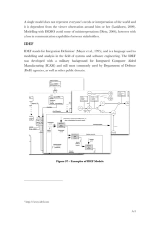 A-3
A single model does not represent everyone’s needs or interpretation of the world and
it is dependent from the viewer observation around him or her (Lankhorst, 2009).
Modelling with DEMO avoid some of misinterpretations (Dietz, 2006), however with
a loss in communication capabilities between stakeholders.
IDEF
IDEF stands for Integration Definition1 (Mayer et al., 1995), and is a language used to
modelling and analysis in the field of systems and software engineering. The IDEF
was developed with a military background for Integrated Computer Aided
Manufacturing (ICAM) and still most commonly used by Department of Defence
(DoD) agencies, as well as other public domain.
Figure 97 – Examples of IDEF Models
1 http://www.idef.com
 