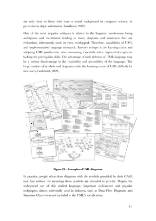 A-7
are only clear to those who have a sound background in computer science, in
particular in object orientation (Lankhorst, 2009).
One of the most negative critiques is related to the linguistic incoherence being
ambiguous and inconsistent leading to many diagrams and constructs that are
redundant, infrequently used, or even overlapped. Therefore, capabilities of UML
and implementation language mismatch. Another critique is the learning curve and
adopting UML problematic time consuming, especially when required of engineers
lacking the prerequisite skills. The advantage of such richness of UML language may
be a serious disadvantage in the readability and accessibility of the language. The
large number of symbols and diagrams make the learning curve of UML difficult for
new users (Lankhorst, 2009).
Figure 99 – Examples of UML diagrams
In practice, people often draw diagrams with the symbols provided by their CASE
tool, but without the meanings those symbols are intended to provide. Despite the
widespread use of this unified language, important well-known and popular
techniques, almost universally used in industry, such as Data Flow Diagrams and
Structure Charts were not included in the UML’s specification.
 