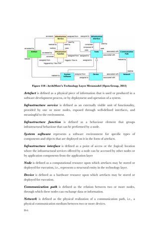 D-6
Figure 110 - ArchiMate’s Technology Layer Metamodel (Open Group, 2012)
Artefact is defined as a physical piece of information that is used or produced in a
software development process, or by deployment and operation of a system.
Infrastructure service is defined as an externally visible unit of functionality,
provided by one or more nodes, exposed through well-defined interfaces, and
meaningful to the environment.
Infrastructure function is defined as a behaviour element that groups
infrastructural behaviour that can be performed by a node.
System software represents a software environment for specific types of
components and objects that are deployed on it in the form of artefacts.
Infrastructure interface is defined as a point of access or the (logical) location
where the infrastructural services offered by a node can be accessed by other nodes or
by application components from the application layer
Node is defined as a computational resource upon which artefacts may be stored or
deployed for execution, i.e., represents a structural entity in the technology layer.
Device is defined as a hardware resource upon which artefacts may be stored or
deployed for execution.
Communication path is defined as the relation between two or more nodes,
through which these nodes can exchange data or information.
Network is defined as the physical realization of a communication path, i.e., a
physical communication medium between two or more devices.
 