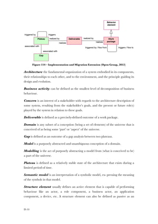 D-10
Figure 114 – Implementation and Migration Extension (Open Group, 2012)
Architecture the fundamental organization of a system embodied in its components,
their relationships to each other, and to the environment, and the principle guiding its
design and evolution.
Business activity can be defined as the smallest level of decomposition of business
behaviour.
Concern is an interest of a stakeholder with regards to the architecture description of
some system, resulting from the stakeholder’s goals, and the present or future role(s)
played by the system in relation to these goals.
Deliverable is defined as a precisely-defined outcome of a work package.
Domain is any subset of a conception (being a set of elements) of the universe that is
conceived of as being some ‘part’ or ‘aspect’ of the universe.
Gap is defined as an outcome of a gap analysis between two plateaus.
Model is a purposely abstracted and unambiguous conception of a domain.
Modelling is the act of purposely abstracting a model from (what is conceived to be)
a part of the universe.
Plateau is defined as a relatively stable state of the architecture that exists during a
limited period of time.
Semantic model is an interpretation of a symbolic model, ex- pressing the meaning
of the symbols in that model.
Structure element usually defines an active element that is capable of performing
behaviour like an actor, a role component, a business actor, an application
component, a device, etc. A structure element can also be defined as passive as an
 