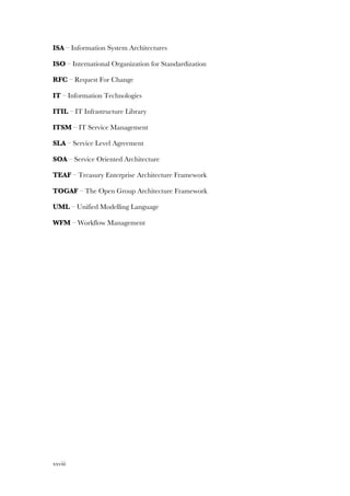 xxviii
ISA – Information System Architectures
ISO – International Organization for Standardization
RFC – Request For Change
IT – Information Technologies
ITIL – IT Infrastructure Library
ITSM – IT Service Management
SLA – Service Level Agreement
SOA – Service Oriented Architecture
TEAF – Treasury Enterprise Architecture Framework
TOGAF – The Open Group Architecture Framework
UML – Unified Modelling Language
WFM – Workflow Management
 