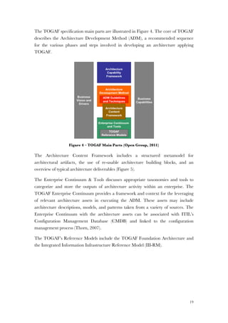 19
The TOGAF specification main parts are illustrated in Figure 4. The core of TOGAF
describes the Architecture Development Method (ADM), a recommended sequence
for the various phases and steps involved in developing an architecture applying
TOGAF.
Figure 4 – TOGAF Main Parts (Open Group, 2011)
The Architecture Content Framework includes a structured metamodel for
architectural artifacts, the use of re-usable architecture building blocks, and an
overview of typical architecture deliverables (Figure 5).
The Enterprise Continuum & Tools discusses appropriate taxonomies and tools to
categorize and store the outputs of architecture activity within an enterprise. The
TOGAF Enterprise Continuum provides a framework and context for the leveraging
of relevant architecture assets in executing the ADM. These assets may include
architecture descriptions, models, and patterns taken from a variety of sources. The
Enterprise Continuum with the architecture assets can be associated with ITIL’s
Configuration Management Database (CMDB) and linked to the configuration
management process (Thorn, 2007).
The TOGAF’s Reference Models include the TOGAF Foundation Architecture and
the Integrated Information Infrastructure Reference Model (III-RM).
 