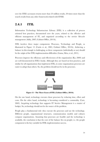 39
over the ITIL's acronym returns more than 23 million results, 20 times more than the
search results from any other framework related with ITSM.
2.4.1 ITIL
Information Technology Infrastructure Library (ITIL) is a collection of process
oriented best practices, documented over the years, related to the effective and
efficient management of IT, and organized according to the service lifecycle
management (Addy, 2007; Cabinet Office, 2011b).
ITIL involves three major components: Processes, Technology and People, as
illustrated in Figure 15 (Curtis et al., 2001; Cabinet Office, 2011b). Achieving a
balance in this triangle is challenging, so these components (individually or not) should
be the origin of the ITIL implementation difficulties (Gama, Silva, et al., 2011).
Processes improve the efficiency and effectiveness of the organization (Ko, 2009) and
are well documented in ITIL’s books. Although they are based on best practices, and
similar for all organizations that implement ITIL, in some organizations processes are
easier to adopt than others. So, the problem should not be in the processes.
Figure 15 – The Three Gears of ITIL (Cabinet Office, 2011b)
On the one hand, technology executes those processes by reducing time, effort and
costs. On the other hand, technology is becoming considered a commodity (Carr,
2003). Acquiring technology that supports IT Service Management is a matter of
budget. So, technology should not be the source of the problem.
People play a fundamental role: they execute the processes and use the technology.
Different people, organizational structures, communication models and cultures
compose organizations. Assuming that processes are feasible and the technology is
available, the conclusion is that the core of the balance lies on people; i.e. the people
component is the key variable for ITIL implementation success.
 