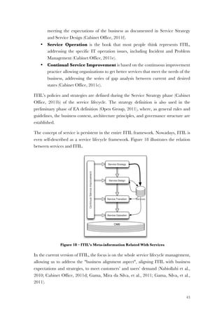 43
meeting the expectations of the business as documented in Service Strategy
and Service Design (Cabinet Office, 2011f).
• Service Operation is the book that most people think represents ITIL,
addressing the specific IT operation issues, including Incident and Problem
Management (Cabinet Office, 2011e).
• Continual Service Improvement is based on the continuous improvement
practice allowing organizations to get better services that meet the needs of the
business, addressing the series of gap analysis between current and desired
states (Cabinet Office, 2011c).
ITIL’s policies and strategies are defined during the Service Strategy phase (Cabinet
Office, 2011b) of the service lifecycle. The strategy definition is also used in the
preliminary phase of EA definition (Open Group, 2011), where, as general rules and
guidelines, the business context, architecture principles, and governance structure are
established.
The concept of service is persistent in the entire ITIL framework. Nowadays, ITIL is
even self-described as a service lifecycle framework. Figure 18 illustrates the relation
between services and ITIL.
Figure 18 – ITIL’s Meta-information Related With Services
In the current version of ITIL, the focus is on the whole service lifecycle management,
allowing us to address the "business alignment aspect", aligning ITIL with business
expectations and strategies, to meet customers’ and users’ demand (Nabiollahi et al.,
2010; Cabinet Office, 2011d; Gama, Mira da Silva, et al., 2011; Gama, Silva, et al.,
2011).
 