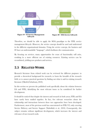 49
Figure 19 – IT Service Management
Lifecycle
Figure 20 – SOA Service Lifecycle
Therefore, we should be able to apply the SOA paradigm to the ITIL service
management lifecycle. However, the service concept should be used and understood
in the different organizational domains. Using the service concept, the business and
IT have an understandable “language”, which facilitates the communication.
By focusing on services, many opportunities for reuse of functionality will arise,
resulting in a more efficient use of existing resources. Existing services can be
recombined, yielding new products and services.
2.5 RELATED WORK
Research literature from related work can be reviewed for different purposes: to
provide a theoretical background for research; to learn the breadth of the research
field; or to answer practical questions by finding out what is said in existing research
literature (Okoli & Schabram, 2010).
In this section we present the published work specifically about the relation between
EA and ITIL, identifying the most relevant issues to be considered for further
development.
It should be noticed that despite the interest and research in both areas, ITIL and EA
have rarely been studied together. In fact, few relevant researches about the
relationship and interactions between these two approaches have been developed.
Furthermore, most of the previous work has concentrated on ITIL V2, only covering
Service Delivery and Service Support (Nabiollahi et al., 2010). Consequently, this
subject remains without significant development, which increases the interest and
relevance of our research work.
service!
strategy!!
service!
design!
service!
transition!
service!
operation!
service!strategy!!
service!
architecture!and!
design!
service!
deployment!
run!time!
 