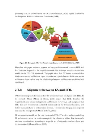 55
presenting ITIL as a service layer for EA (Nabiollahi et al., 2010). Figure 25 illustrate
the Integrated Service Architecture Framework (ISAF).
Figure 25 - Integrated Service Architecture Framework (Nabiollahi et al., 2010)
Therefore, the paper strives to propose an integrated framework between ITIL and
EA. However, in practice, the target framework aims to design a service architecture
model for the ITIL V3 framework. The paper refers that EA should be extended to
involve the service architecture layer, but does not explain how to define this service
architecture layer and on how the relationships between architectures are defined and
established.
2.5.5 Alignment between EA and ITIL
Other interesting work focuses on how IT architecture can be aligned with ITIL. In
his research Moser (Moser & Bayer, 2005) argues that ITIL describes the
requirements in a service management and business. However, is well recognized that
ITIL does not recommend a detailed metamodel for the technical baselines, and
further standards have to be taken into account. To overcome this gap, was proposed
and used the concept of EA (Moser & Bayer, 2005).
IT services were considered the core elements in ITIL. IT services and the underlying
IT architectures were the main concepts in the alignment effort. EA frameworks
structure organizations, according to a specific set of categories, and they have also
been considered (Moser & Bayer, 2005).
 