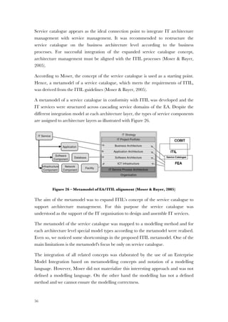 56
Service catalogue appears as the ideal connection point to integrate IT architecture
management with service management. It was recommended to restructure the
service catalogue on the business architecture level according to the business
processes. For successful integration of the expanded service catalogue concept,
architecture management must be aligned with the ITIL processes (Moser & Bayer,
2005).
According to Moser, the concept of the service catalogue is used as a starting point.
Hence, a metamodel of a service catalogue, which meets the requirements of ITIL,
was derived from the ITIL guidelines (Moser & Bayer, 2005).
A metamodel of a service catalogue in conformity with ITIL was developed and the
IT services were structured across cascading service domains of the EA. Despite the
different integration model at each architecture layer, the types of service components
are assigned to architecture layers as illustrated with Figure 26.
Figure 26 – Metamodel of EA/ITIL alignment (Moser & Bayer, 2005)
The aim of the metamodel was to expand ITIL’s concept of the service catalogue to
support architecture management. For this purpose the service catalogue was
understood as the support of the IT organisation to design and assemble IT services.
The metamodel of the service catalogue was mapped to a modelling method and for
each architecture level special model types according to the metamodel were realised.
Even so, we noticed some shortcomings in the proposed ITIL metamodel. One of the
main limitations is the metamodel's focus be only on service catalogue.
The integration of all related concepts was elaborated by the use of an Enterprise
Model Integration based on metamodelling concepts and notation of a modelling
language. However, Moser did not materialize this interesting approach and was not
defined a modelling language. On the other hand the modelling has not a defined
method and we cannot ensure the modelling correctness.
 