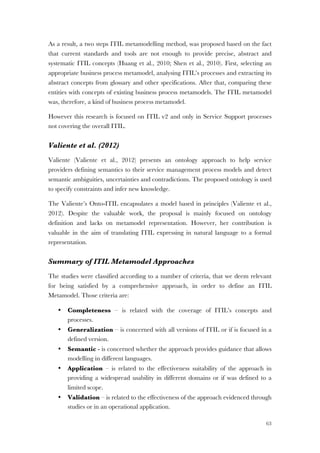 63
As a result, a two steps ITIL metamodelling method, was proposed based on the fact
that current standards and tools are not enough to provide precise, abstract and
systematic ITIL concepts (Huang et al., 2010; Shen et al., 2010). First, selecting an
appropriate business process metamodel, analysing ITIL’s processes and extracting its
abstract concepts from glossary and other specifications. After that, comparing these
entities with concepts of existing business process metamodels. The ITIL metamodel
was, therefore, a kind of business process metamodel.
However this research is focused on ITIL v2 and only in Service Support processes
not covering the overall ITIL.
Valiente et al. (2012)
Valiente (Valiente et al., 2012) presents an ontology approach to help service
providers defining semantics to their service management process models and detect
semantic ambiguities, uncertainties and contradictions. The proposed ontology is used
to specify constraints and infer new knowledge.
The Valiente’s Onto-ITIL encapsulates a model based in principles (Valiente et al.,
2012). Despite the valuable work, the proposal is mainly focused on ontology
definition and lacks on metamodel representation. However, her contribution is
valuable in the aim of translating ITIL expressing in natural language to a formal
representation.
Summary of ITIL Metamodel Approaches
The studies were classified according to a number of criteria, that we deem relevant
for being satisfied by a comprehensive approach, in order to define an ITIL
Metamodel. Those criteria are:
• Completeness – is related with the coverage of ITIL’s concepts and
processes.
• Generalization – is concerned with all versions of ITIL or if is focused in a
defined version.
• Semantic - is concerned whether the approach provides guidance that allows
modelling in different languages.
• Application – is related to the effectiveness suitability of the approach in
providing a widespread usability in different domains or if was defined to a
limited scope.
• Validation – is related to the effectiveness of the approach evidenced through
studies or in an operational application.
 