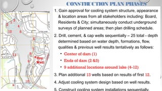 CONSTRUCTION PLAN PHASES
1. Gain approval for cooling system structure, appearance
& location areas from all stakeholders including: Board,
Residents & City; simultaneously conduct underground
surveys of planned areas; then plan drilling schedule.
2. Drill, cement, & cap wells sequentially – 25 total - depth
determined based on water depth, formations, flow,
qualities & previous well results tentatively as follows:
• Center of dam (1)
• Ends of dam (2 &3)
• 9 additional locations around lake (4-12)
3. Plan additional 13 wells based on results of first 12.
4. Adjust cooling system design based on well results.
1
3
2 4
6
7
10
11
12
*Dry
Well
5
8
9
 