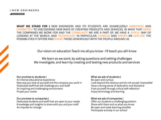 Our vision on education Teach me all you know - I’ll teach you all I know
We learn as we work, by asking questions and setting challenges
We investigate, and learn by creating and testing new products and services
Our promise to students |
An intense educational experience
New way you look at yourself and the company you work in
Dedicated staff that will challenge you and itself
An inspiring and challenging environment
Propel your career
What we ask of students |
Be open and curious
Look beyond the obvious and do not accept ‘impossible’
Have a strong sense of dedication and discipline
Push yourself through critical self-reflection
Enjoy technology and learning
WHAT WE STAND FOR | NEW ENGINEERS AND ITS STUDENTS ARE SHAMELESSLY AMBITIOUS AND
COMMITTED TO DISCOVERING NEW WAYS OF CREATING PRODUCTS AND SERVICES, IN WAYS THAT SERVE
THE COMPANIES WE WORK FOR AND THE COMMUNITY WE ARE A PART OF. WE HAVE A JOYFUL WAY OF
LOOKING AT THE WORLD, AND TECHNOLOGY IN PARTICULAR. CURIOUS AND DRIVEN WE EXPLORE THE
POSSIBILITIES IT OFFERS AND SHARE THOSE GENEROUSLY WITH THE PEOPLE AROUND US.
What we ask of companies |
Offer our students a challenging position
Share with them and us what you know
Be open and make learning possible
Participate actively in our school
Our promise to companies |
Dedicated students and staff that are open to your needs
Knowledge and insights to share with you and your staff
An impulse for change
 