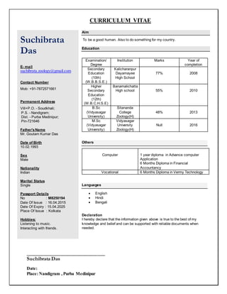 CURRICULUM VITAE
________________________________________
Suchibrata Das
Date:
Place: Nandigram , Purba Medinipur
Suchibrata
Das
E- mail
suchibrata.zoology@gmail.com
Contact Number
Mob: +91-7872571661
Permanent Address
Vill+P.O. - Soudkhali;
P.S. - Nandigram;
Dist. - Purba Medinipur;
Pin-721646
Father'sName
Mr. Goutam Kumar Das
Date of Birth
10.02.1993
Sex
Male
Nationality
Indian
Marital Status
Single
Passport Details
No : M8250194
Date Of Issue : 16.04.2015
Date Of Expiry : 15.04.2025
Place Of Issue : Kolkata
Hobbies:
Listening to music.
Interacting with friends.
Aim
To be a good human. Also to do something for my country.
Education
Examination/
Degree
Institution Marks Year of
completion
Secondary
Education
(10th)
(W.B.B.S.E.)
Kalicharanpur
Dayamayee
High School
77% 2008
Higher
Secondary
Education
(12th)
(W.B.C.H.S.E)
Banamalichatta
High school 55% 2010
B.Sc
(Vidyasagar
University)
Sitananda
College
Zoology(H)
48% 2013
M.Sc
(Vidyasagar
University)
Vidyasagar
University
Zoology(H)
Null 2016
Others
Computer 1 year diploma in Advance computer
Application
6 Months Diploma in Financial
Accountancy
Vocational 6 Months Diploma in Vermy Technology
Languages
 English
 Hindi
 Bengali
Declaration
I hereby declare that the information given above is true to the best of my
knowledge and belief and can be supported with reliable documents when
needed.
 