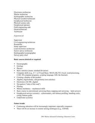 © 2001 Marine Advanced Technology Education Center
Electronics technician
Marine technician
Hydrographic technician
Physical scientist technician
Geophysical technician
Physical science aide
Geophysical operator
Field engineering aide
Ocean technician
Technician
Experienced:
Supervisor
Civil engineering technician
Researcher
Sonar supervisor
Lead electronics technician
Senior survey technician
Hydrographer/oceanographer
Survey party chief
Basic courses desired or required
• Oceanography
• Geology
• Physics
• Basic statistics (mean, standard deviation)
• Computer skills (e.g., C++ or Visual Basic, MATLAB, NT, Excel, word processing,
CAD, 3D computer programs, scripting language, GIS, the Internet)
• Creating a display of the product
• Algebra, trigonometry, and geometry (not calculus)
• Electronics (AC/DC, digital)
• Navigation (“rules of the road”)
• Piloting
• Marine mechanics – mechanical skills
• Basic course in conventional surveying (basic mapping and surveying – land surveys)
• Geophysical surveys (seismic) – echosounders, sub-bottom profiling, handling cores,
coring, bottom grabs
• Underwater acoustics
Future trends
• Continuing education will be increasingly important, especially computers
• There will be an increase in remote sensing techniques (e.g., LIDAR)
 