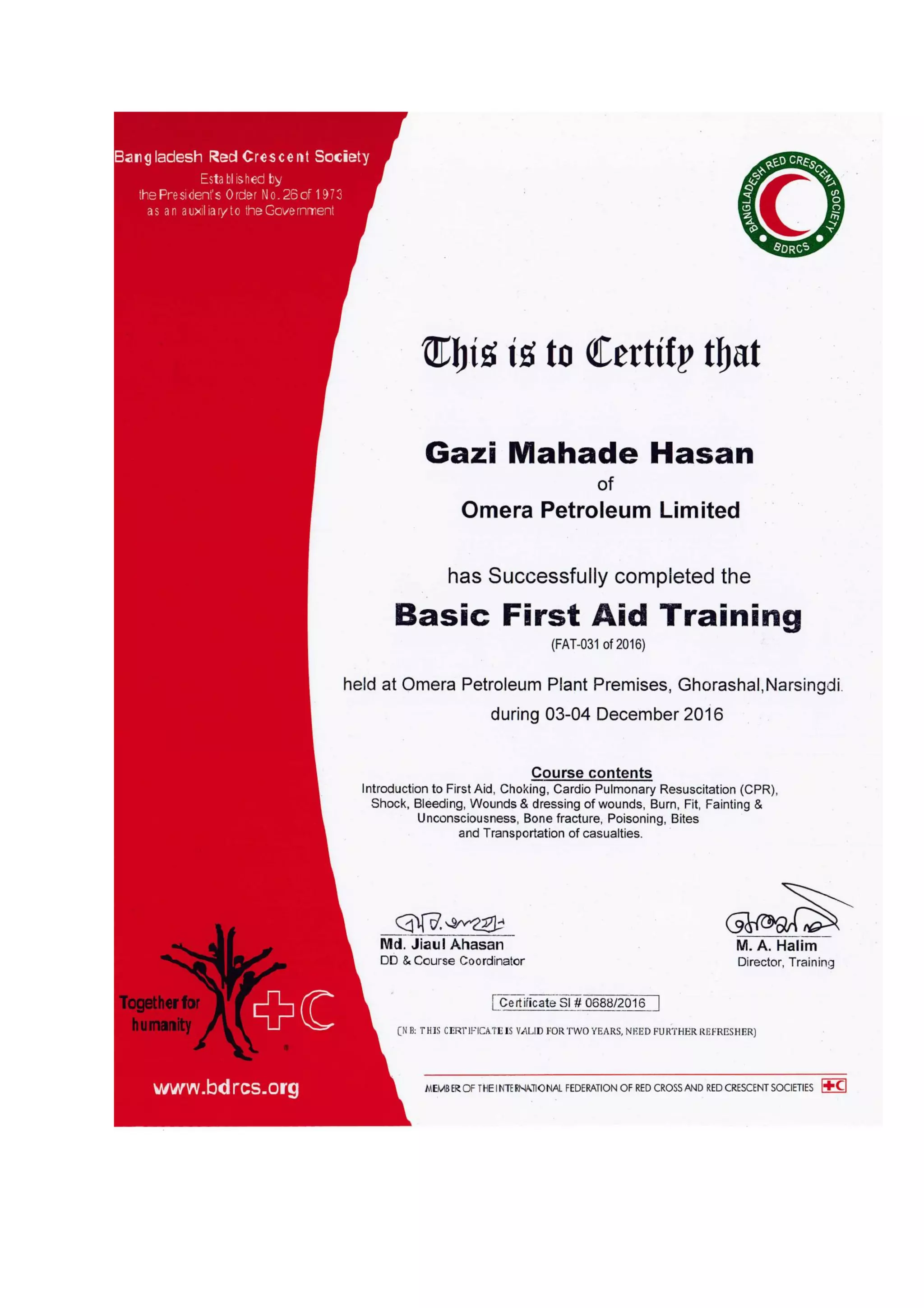 Basic First Aid Training Certificate | PDF
