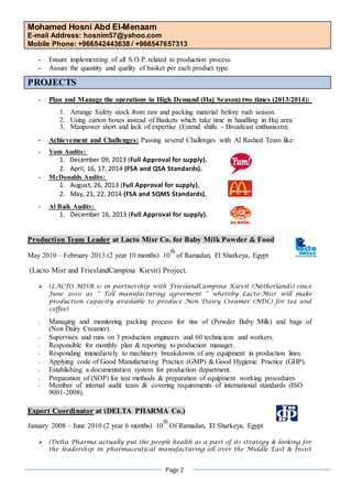 Mohamed Hosni Abd El-Menaam 
E-mail Address: hosnim57@yahoo.com 
Mobile Phone: +966542443638 / +966547657313 
Page 2 
- Ensure implementing of all S.O.P. related to production process. 
- Assure the quantity and quality of basket per each product type. 
PROJECTS 
- Plan and Manage the operations in High Demand (Haj Season) two times (2013/2014): 
1. Arrange Safety stock from raw and packing material before rush season. 
2. Using carton boxes instead of Baskets which take time in handling in Haj area. 
3. Manpower short and lack of expertise (Extend shifts - Broadcast enthusiasm). 
- Achievement and Challenges: Passing several Challenges with Al Rashed Team like: 
- Yum Audits: 
1. December 09, 2013 (Full Approval for supply). 
2. April, 16, 17, 2014 (FSA and QSA Standards). 
- McDonalds Audits: 
1. August, 26, 2013 (Full Approval for supply). 
2. May, 21, 22, 2014 (FSA and SQMS Standards). 
- Al Baik Audits: 
1. December 16, 2013 (Full Approval for supply). 
Production Team Leader at Lacto Misr Co. for Baby Milk Powder & Food 
May 2010 – February 2013 (2 year 10 months) 10th of Ramadan, El Sharkeya, Egypt 
(Lacto Misr and FrieslandCampina Kievit) Project. 
 (LACTO MISR is in partnership with FrieslandCampina Kievit (Netherlands) since June 2010 as '' Toll manufacturing agreement '' whereby Lacto-Misr will make production capacity available to produce Non Dairy Creamer (NDC) for tea and coffee) 
- Managing and monitoring packing process for tins of (Powder Baby Milk) and bags of (Non Dairy Creamer). 
- Supervises and runs on 3 production engineers and 60 technicians and workers. 
- Responsible for monthly plan & reporting to production manager. 
- Responding immediately to machinery breakdowns of any equipment in production lines. 
- Applying code of Good Manufacturing Practice (GMP) & Good Hygienic Practice (GHP). 
- Establishing a documentation system for production department. 
- Preparation of (SOP) for test methods & preparation of equipment working procedures 
- Member of internal audit team & covering requirements of international standards (ISO 9001-2008). 
Export Coordinator at (DELTA PHARMA Co.) 
January 2008 – June 2010 (2 year 6 months) 10th Of Ramadan, El Sharkeya, Egypt 
 (Delta Pharma actually put the people health as a part of its strategy & looking for the leadership in pharmaceutical manufacturing all over the Middle East & Insist  