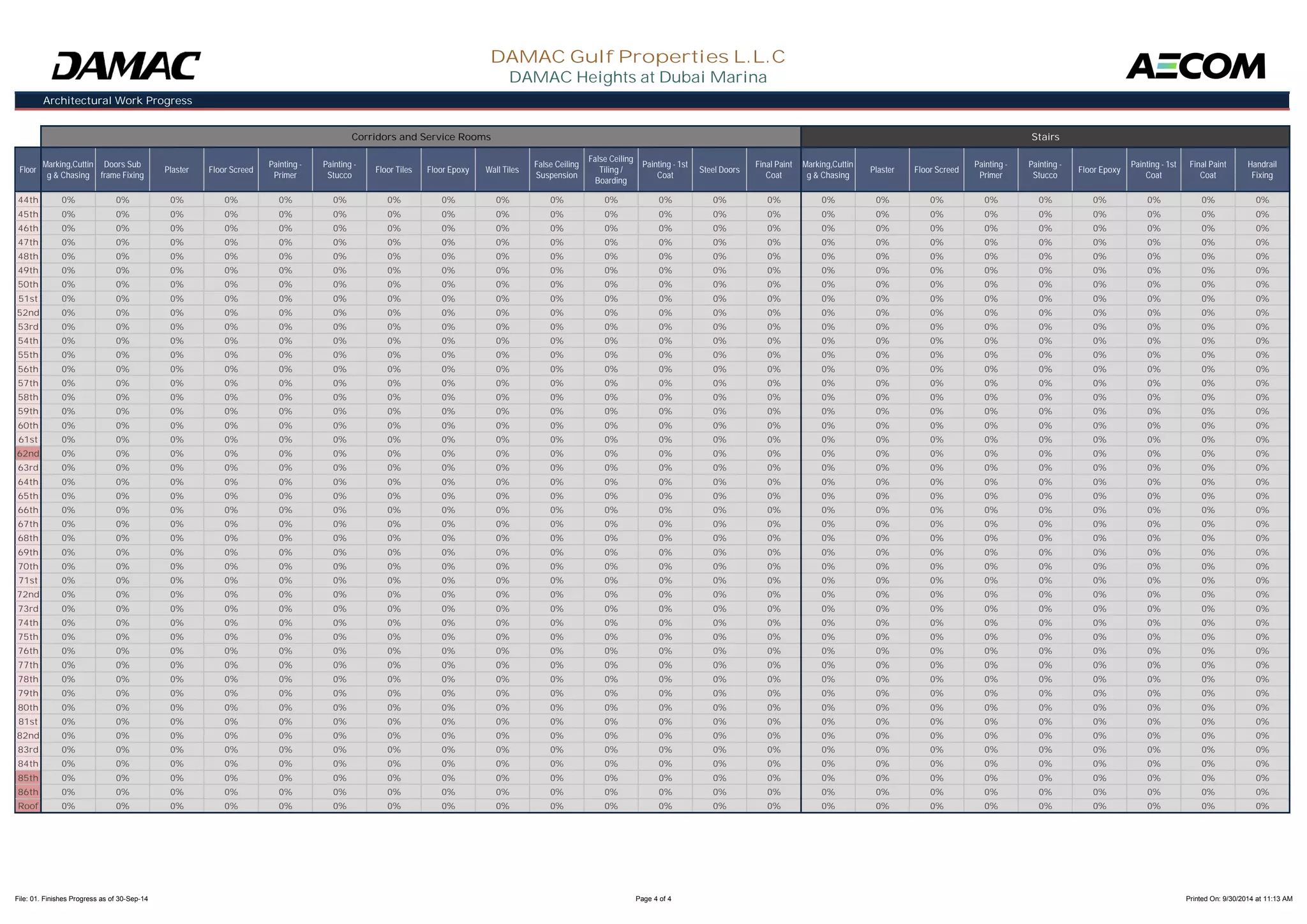 Floor 
44th 
45th 
46th 
47th 
Architectural Work Progress 
Marking,Cuttin 
g & Chasing 
Doors Sub 
frame Fixing Plaster Floor Screed Painting - 
Primer 
DAMAC Gulf Properties L.L.C 
DAMAC Heights at Dubai Marina 
Painting - 
Stucco Floor Tiles Floor Epoxy Wall Tiles False Ceiling 
Suspension 
False Ceiling 
Tiling / 
Boarding 
Painting - 1st 
Coat Steel Doors Final Paint 
Coat 
Marking,Cuttin 
g & Chasing Plaster Floor Screed Painting - 
Primer 
Painting - 
Stucco Floor Epoxy Painting - 1st 
Coat 
Final Paint 
Coat 
Handrail 
Fixing 
Corridors and Service Rooms Stairs 
0% 0% 0% 0% 0% 0% 0% 0% 0% 0% 0% 0% 0% 0% 0% 0% 0% 0% 0% 0% 0% 0% 0% 
0% 0% 0% 0% 0% 0% 0% 0% 0% 0% 0% 0% 0% 0% 0% 0% 0% 0% 0% 0% 0% 0% 0% 
0% 0% 0% 0% 0% 0% 0% 0% 0% 0% 0% 0% 0% 0% 0% 0% 0% 0% 0% 0% 0% 0% 0% 
0% 0% 0% 0% 0% 0% 0% 0% 0% 0% 0% 0% 0% 0% 0% 0% 0% 0% 0% 0% 0% 0% 0% 
48th 
49th 
50th 
51st 
52nd 
53rd 
54th 
55th 
56th 
57th 
58th 
59th 
60th 
61st 
62nd 
0% 0% 0% 0% 0% 0% 0% 0% 0% 0% 0% 0% 0% 0% 0% 0% 0% 0% 0% 0% 0% 0% 0% 
0% 0% 0% 0% 0% 0% 0% 0% 0% 0% 0% 0% 0% 0% 0% 0% 0% 0% 0% 0% 0% 0% 0% 
0% 0% 0% 0% 0% 0% 0% 0% 0% 0% 0% 0% 0% 0% 0% 0% 0% 0% 0% 0% 0% 0% 0% 
0% 0% 0% 0% 0% 0% 0% 0% 0% 0% 0% 0% 0% 0% 0% 0% 0% 0% 0% 0% 0% 0% 0% 
0% 0% 0% 0% 0% 0% 0% 0% 0% 0% 0% 0% 0% 0% 0% 0% 0% 0% 0% 0% 0% 0% 0% 
0% 0% 0% 0% 0% 0% 0% 0% 0% 0% 0% 0% 0% 0% 0% 0% 0% 0% 0% 0% 0% 0% 0% 
0% 0% 0% 0% 0% 0% 0% 0% 0% 0% 0% 0% 0% 0% 0% 0% 0% 0% 0% 0% 0% 0% 0% 
0% 0% 0% 0% 0% 0% 0% 0% 0% 0% 0% 0% 0% 0% 0% 0% 0% 0% 0% 0% 0% 0% 0% 
0% 0% 0% 0% 0% 0% 0% 0% 0% 0% 0% 0% 0% 0% 0% 0% 0% 0% 0% 0% 0% 0% 0% 
0% 0% 0% 0% 0% 0% 0% 0% 0% 0% 0% 0% 0% 0% 0% 0% 0% 0% 0% 0% 0% 0% 0% 
0% 0% 0% 0% 0% 0% 0% 0% 0% 0% 0% 0% 0% 0% 0% 0% 0% 0% 0% 0% 0% 0% 0% 
0% 0% 0% 0% 0% 0% 0% 0% 0% 0% 0% 0% 0% 0% 0% 0% 0% 0% 0% 0% 0% 0% 0% 
0% 0% 0% 0% 0% 0% 0% 0% 0% 0% 0% 0% 0% 0% 0% 0% 0% 0% 0% 0% 0% 0% 0% 
0% 0% 0% 0% 0% 0% 0% 0% 0% 0% 0% 0% 0% 0% 0% 0% 0% 0% 0% 0% 0% 0% 0% 
0% 0% 0% 0% 0% 0% 0% 0% 0% 0% 0% 0% 0% 0% 0% 0% 0% 0% 0% 0% 0% 0% 0% 
63rd 
64th 
65th 
66th 
67th 
68th 
69th 
70th 
71st 
72nd 
73rd 
74th 
75th 
76th 
77th 
0% 0% 0% 0% 0% 0% 0% 0% 0% 0% 0% 0% 0% 0% 0% 0% 0% 0% 0% 0% 0% 0% 0% 
0% 0% 0% 0% 0% 0% 0% 0% 0% 0% 0% 0% 0% 0% 0% 0% 0% 0% 0% 0% 0% 0% 0% 
0% 0% 0% 0% 0% 0% 0% 0% 0% 0% 0% 0% 0% 0% 0% 0% 0% 0% 0% 0% 0% 0% 0% 
0% 0% 0% 0% 0% 0% 0% 0% 0% 0% 0% 0% 0% 0% 0% 0% 0% 0% 0% 0% 0% 0% 0% 
0% 0% 0% 0% 0% 0% 0% 0% 0% 0% 0% 0% 0% 0% 0% 0% 0% 0% 0% 0% 0% 0% 0% 
0% 0% 0% 0% 0% 0% 0% 0% 0% 0% 0% 0% 0% 0% 0% 0% 0% 0% 0% 0% 0% 0% 0% 
0% 0% 0% 0% 0% 0% 0% 0% 0% 0% 0% 0% 0% 0% 0% 0% 0% 0% 0% 0% 0% 0% 0% 
0% 0% 0% 0% 0% 0% 0% 0% 0% 0% 0% 0% 0% 0% 0% 0% 0% 0% 0% 0% 0% 0% 0% 
0% 0% 0% 0% 0% 0% 0% 0% 0% 0% 0% 0% 0% 0% 0% 0% 0% 0% 0% 0% 0% 0% 0% 
0% 0% 0% 0% 0% 0% 0% 0% 0% 0% 0% 0% 0% 0% 0% 0% 0% 0% 0% 0% 0% 0% 0% 
0% 0% 0% 0% 0% 0% 0% 0% 0% 0% 0% 0% 0% 0% 0% 0% 0% 0% 0% 0% 0% 0% 0% 
0% 0% 0% 0% 0% 0% 0% 0% 0% 0% 0% 0% 0% 0% 0% 0% 0% 0% 0% 0% 0% 0% 0% 
0% 0% 0% 0% 0% 0% 0% 0% 0% 0% 0% 0% 0% 0% 0% 0% 0% 0% 0% 0% 0% 0% 0% 
0% 0% 0% 0% 0% 0% 0% 0% 0% 0% 0% 0% 0% 0% 0% 0% 0% 0% 0% 0% 0% 0% 0% 
0% 0% 0% 0% 0% 0% 0% 0% 0% 0% 0% 0% 0% 0% 0% 0% 0% 0% 0% 0% 0% 0% 0% 
78th 
79th 
80th 
81st 
82nd 
83rd 
84th 
85th 
86th 
Roof 
0% 0% 0% 0% 0% 0% 0% 0% 0% 0% 0% 0% 0% 0% 0% 0% 0% 0% 0% 0% 0% 0% 0% 
0% 0% 0% 0% 0% 0% 0% 0% 0% 0% 0% 0% 0% 0% 0% 0% 0% 0% 0% 0% 0% 0% 0% 
0% 0% 0% 0% 0% 0% 0% 0% 0% 0% 0% 0% 0% 0% 0% 0% 0% 0% 0% 0% 0% 0% 0% 
0% 0% 0% 0% 0% 0% 0% 0% 0% 0% 0% 0% 0% 0% 0% 0% 0% 0% 0% 0% 0% 0% 0% 
0% 0% 0% 0% 0% 0% 0% 0% 0% 0% 0% 0% 0% 0% 0% 0% 0% 0% 0% 0% 0% 0% 0% 
0% 0% 0% 0% 0% 0% 0% 0% 0% 0% 0% 0% 0% 0% 0% 0% 0% 0% 0% 0% 0% 0% 0% 
0% 0% 0% 0% 0% 0% 0% 0% 0% 0% 0% 0% 0% 0% 0% 0% 0% 0% 0% 0% 0% 0% 0% 
0% 0% 0% 0% 0% 0% 0% 0% 0% 0% 0% 0% 0% 0% 0% 0% 0% 0% 0% 0% 0% 0% 0% 
0% 0% 0% 0% 0% 0% 0% 0% 0% 0% 0% 0% 0% 0% 0% 0% 0% 0% 0% 0% 0% 0% 0% 
0% 0% 0% 0% 0% 0% 0% 0% 0% 0% 0% 0% 0% 0% 0% 0% 0% 0% 0% 0% 0% 0% 0% 
File: 01. Finishes Progress as of 30-Sep-14 Page 4 of 4 Printed On: 9/30/2014 at 11:13 AM 
 