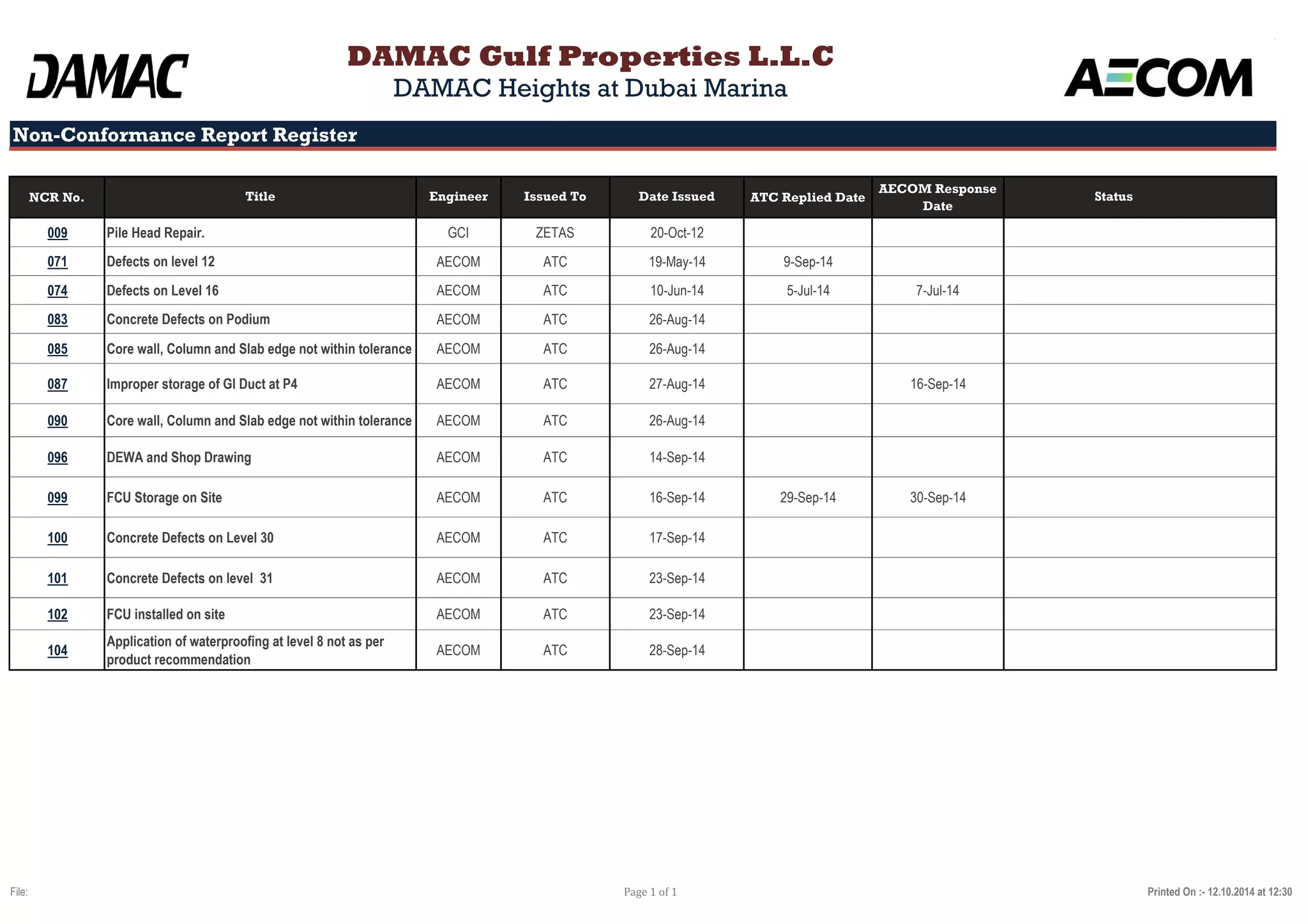 DAMAC Gulf Properties L.L.C 
Non-Conformance Report Register 
DAMAC Heights at Dubai Marina 
NCR No. ATC Replied Date 
AECOM Response 
Date 
009 Pile Head Repair. GCI ZETAS 20-Oct-12 
071 Defects on level 12 AECOM ATC 19-May-14 9-Sep-14 
074 Defects on Level 16 AECOM ATC 10-Jun-14 5-Jul-14 7-Jul-14 
083 Concrete Defects on Podium AECOM ATC 26-Aug-14 
085 Core wall, Column and Slab edge not within tolerance AECOM ATC 26-Aug-14 
087 Improper storage of GI Duct at P4 AECOM ATC 27-Aug-14 16-Sep-14 
090 Core wall, Column and Slab edge not within tolerance AECOM ATC 26-Aug-14 
096 DEWA and Shop Drawing AECOM ATC 14-Sep-14 
099 FCU Storage on Site AECOM ATC 16-Sep-14 29-Sep-14 30-Sep-14 
100 Concrete Defects on Level 30 AECOM ATC 17-Sep-14 
101 Concrete Defects on level 31 AECOM ATC 23-Sep-14 
102 FCU installed on site AECOM ATC 23-Sep-14 
104 
Application of waterproofing at level 8 not as per 
product recommendation 
AECOM ATC 28-Sep-14 
O 
Title Engineer Issued To Date Issued Status 
File: Page 1 of 1 Printed On :- 12.10.2014 at 12:30 
 