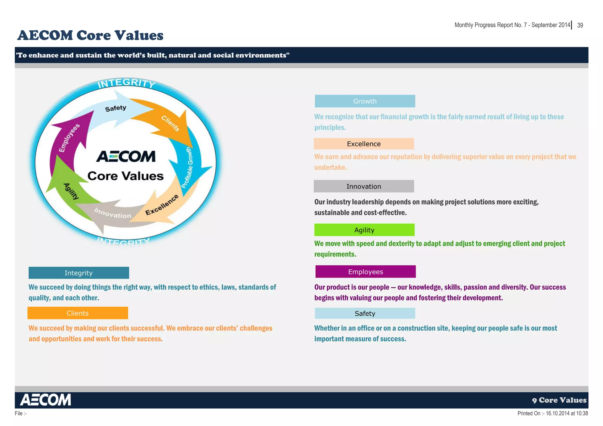 39 
AECOM Core Values 
'To enhance and sustain the world’s built, natural and social environments'' 
Monthly Progress Report No. 7 - September 2014 
Growth 
We recognize that our financial growth is the fairly earned result of living up to these 
principles. 
We earn and advance our reputation by delivering superior value on every project that we 
undertake. 
Our industry leadership depends on making project solutions more exciting, 
sustainable and cost-effective. 
We move with speed and dexterity to adapt and adjust to emerging client and project 
requirements. 
9 Core Values 
We succeed by doing things the right way, with respect to ethics, laws, standards of 
quality, and each other. 
Employees 
Our product is our people — our knowledge, skills, passion and diversity. Our success 
begins with valuing our people and fostering their development. 
We succeed by making our clients successful. We embrace our clients’ challenges 
and opportunities and work for their success. 
Whether in an office or on a construction site, keeping our people safe is our most 
important measure of success. 
Clients 
Excellence 
Innovation 
Safety 
Integrity 
Agility 
File :- Printed On :- 16.10.2014 at 10:38 
 