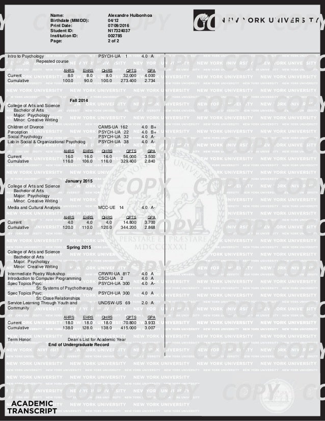 NYU Official Transcript