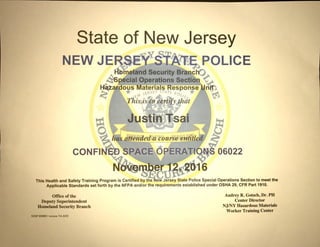 Justin Tsai Confined Space Operations Cert