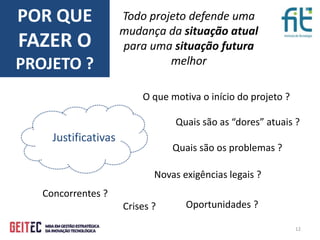 12
POR QUE
FAZER O
PROJETO ?
Todo projeto defende uma
mudança da situação atual
para uma situação futura
melhor
Justificativas
O que motiva o início do projeto ?
Quais são as “dores” atuais ?
Quais são os problemas ?
Novas exigências legais ?
Concorrentes ?
Crises ? Oportunidades ?
 