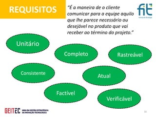 16
REQUISITOS “É a maneira de o cliente
comunicar para a equipe aquilo
que lhe parece necessário ou
desejável no produto que vai
receber ao término do projeto.”
Unitário
Completo
Consistente
Rastreável
Atual
Factível
Verificável
 