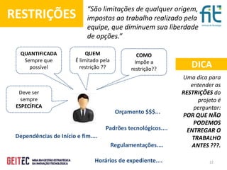 22
“São limitações de qualquer origem,
impostas ao trabalho realizado pela
equipe, que diminuem sua liberdade
de opções.”
RESTRIÇÕES
DICA
Uma dica para
entender as
RESTRIÇÕES do
projeto é
perguntar:
POR QUE NÃO
PODEMOS
ENTREGAR O
TRABALHO
ANTES ???.
Deve ser
sempre
ESPECÍFICA
QUANTIFICADA
Sempre que
possível
QUEM
É limitado pela
restrição ??
COMO
Impõe a
restrição??
Dependências de Início e fim....
Padrões tecnológicos....
Regulamentações....
Horários de expediente....
Orçamento $$$...
 