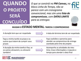 24
QUANDO
O PROJETO
SERÁ
CONCLUÍDO
O que se constrói no PM Canvas, no
bloco Linha do Tempo, não se
parece com um cronograma
convencional, mas sim uma lista de
compromissos, com DATAS LIMITE
para as entregas
MUDAR O ESTADO MENTAL: TAREFA E COMPROMISSO
A duração tem que ser respeitada A data de término tem de ser respeitada
Faço a minha tarefa no prazo e os
outros que tratem de cumprir seus
prazos
Faço coalizões e parcerias para
atender ao compromisso de entrega
acordado pelo time do projeto
A duração da minha tarefa é fixa, se
os outros atrasarem, eu atrasarei
também!
Acompanho as atividades do meu
time; troco informações e reajusto o
tempo para atender a data final
 