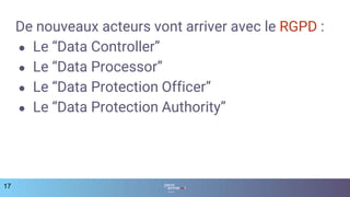 De nouveaux acteurs vont arriver avec le RGPD :
● Le “Data Controller”
● Le “Data Processor”
● Le “Data Protection Officer”
● Le “Data Protection Authority”
17
 