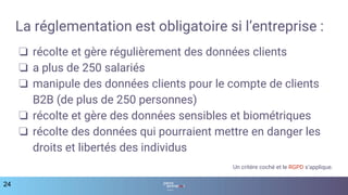 La réglementation est obligatoire si l’entreprise :
❏ récolte et gère régulièrement des données clients
❏ a plus de 250 salariés
❏ manipule des données clients pour le compte de clients
B2B (de plus de 250 personnes)
❏ récolte et gère des données sensibles et biométriques
❏ récolte des données qui pourraient mettre en danger les
droits et libertés des individus
Un critère coché et le RGPD s’applique.
24
 