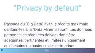 28
“Privacy by default”
Passage du “Big Data” avec la récolte maximale
de données à la “Data Minimisation”. Les données
personnelles récoltées doivent donc être
adéquates, pertinentes et limitées uniquement
aux besoins du business de l’entreprise.
 