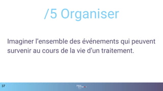 Imaginer l’ensemble des événements qui peuvent
survenir au cours de la vie d’un traitement.
37
/5 Organiser
 