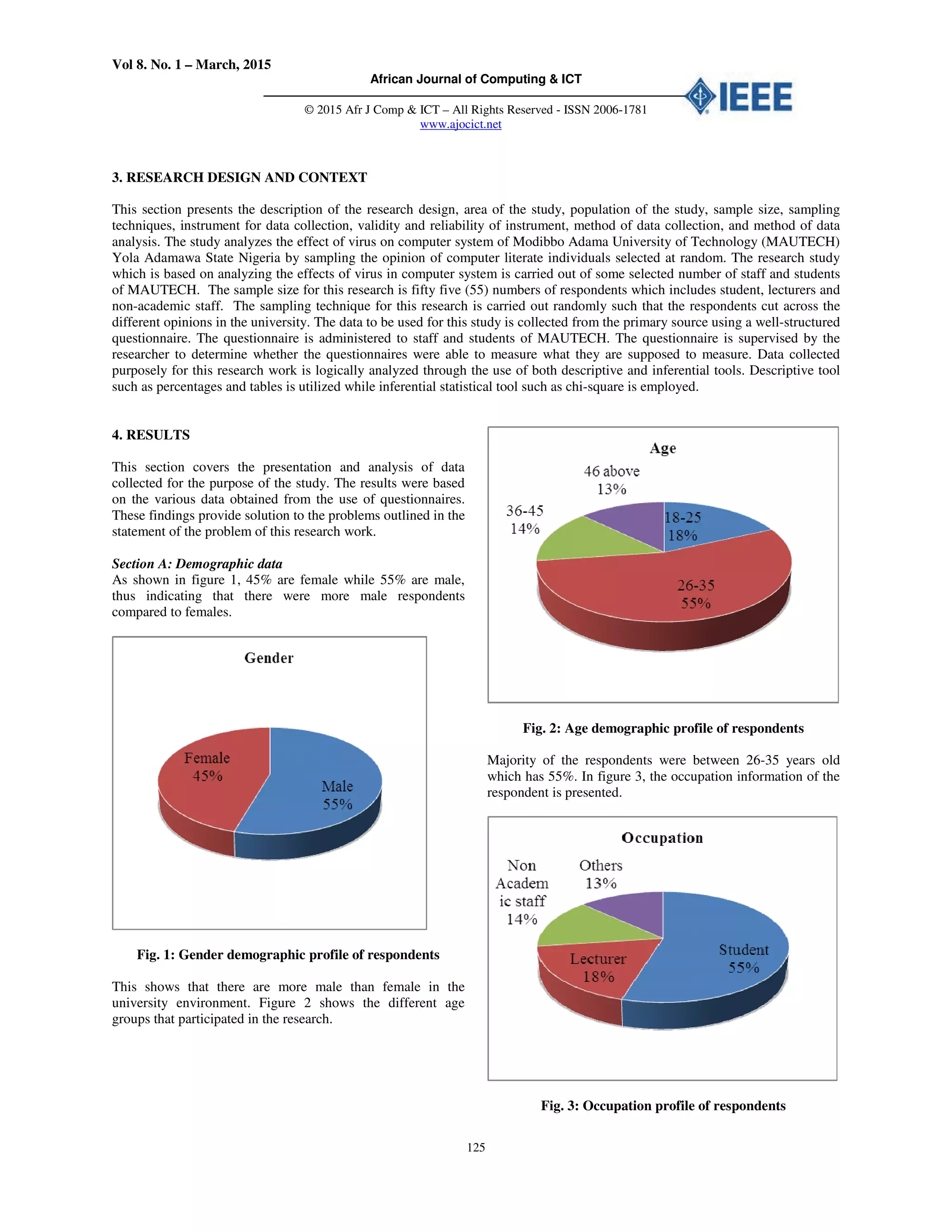 Vol 8. No. 1 – March, 2015
African Journal of Computing & ICT
© 2015 Afr J Comp & ICT – All Rights Reserved - ISSN 2006-1781
www.ajocict.net
125
3. RESEARCH DESIGN AND CONTEXT
This section presents the description of the research design, area of the study, population of the study, sample size, sampling
techniques, instrument for data collection, validity and reliability of instrument, method of data collection, and method of data
analysis. The study analyzes the effect of virus on computer system of Modibbo Adama University of Technology (MAUTECH)
Yola Adamawa State Nigeria by sampling the opinion of computer literate individuals selected at random. The research study
which is based on analyzing the effects of virus in computer system is carried out of some selected number of staff and students
of MAUTECH. The sample size for this research is fifty five (55) numbers of respondents which includes student, lecturers and
non-academic staff. The sampling technique for this research is carried out randomly such that the respondents cut across the
different opinions in the university. The data to be used for this study is collected from the primary source using a well-structured
questionnaire. The questionnaire is administered to staff and students of MAUTECH. The questionnaire is supervised by the
researcher to determine whether the questionnaires were able to measure what they are supposed to measure. Data collected
purposely for this research work is logically analyzed through the use of both descriptive and inferential tools. Descriptive tool
such as percentages and tables is utilized while inferential statistical tool such as chi-square is employed.
4. RESULTS
This section covers the presentation and analysis of data
collected for the purpose of the study. The results were based
on the various data obtained from the use of questionnaires.
These findings provide solution to the problems outlined in the
statement of the problem of this research work.
Section A: Demographic data
As shown in figure 1, 45% are female while 55% are male,
thus indicating that there were more male respondents
compared to females.
Fig. 1: Gender demographic profile of respondents
This shows that there are more male than female in the
university environment. Figure 2 shows the different age
groups that participated in the research.
Fig. 2: Age demographic profile of respondents
Majority of the respondents were between 26-35 years old
which has 55%. In figure 3, the occupation information of the
respondent is presented.
Fig. 3: Occupation profile of respondents
 